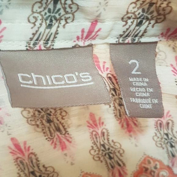 Chico's sheer 3/4 sleeve Mandarin collar Bohemian print vee tie neck top SZ 2X - Picture 6 of 7